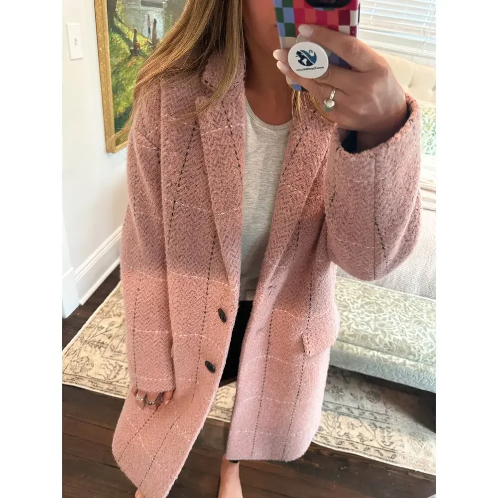 Rag & Bone Estelle Pink Cocoon Checked Wool Coat Medium